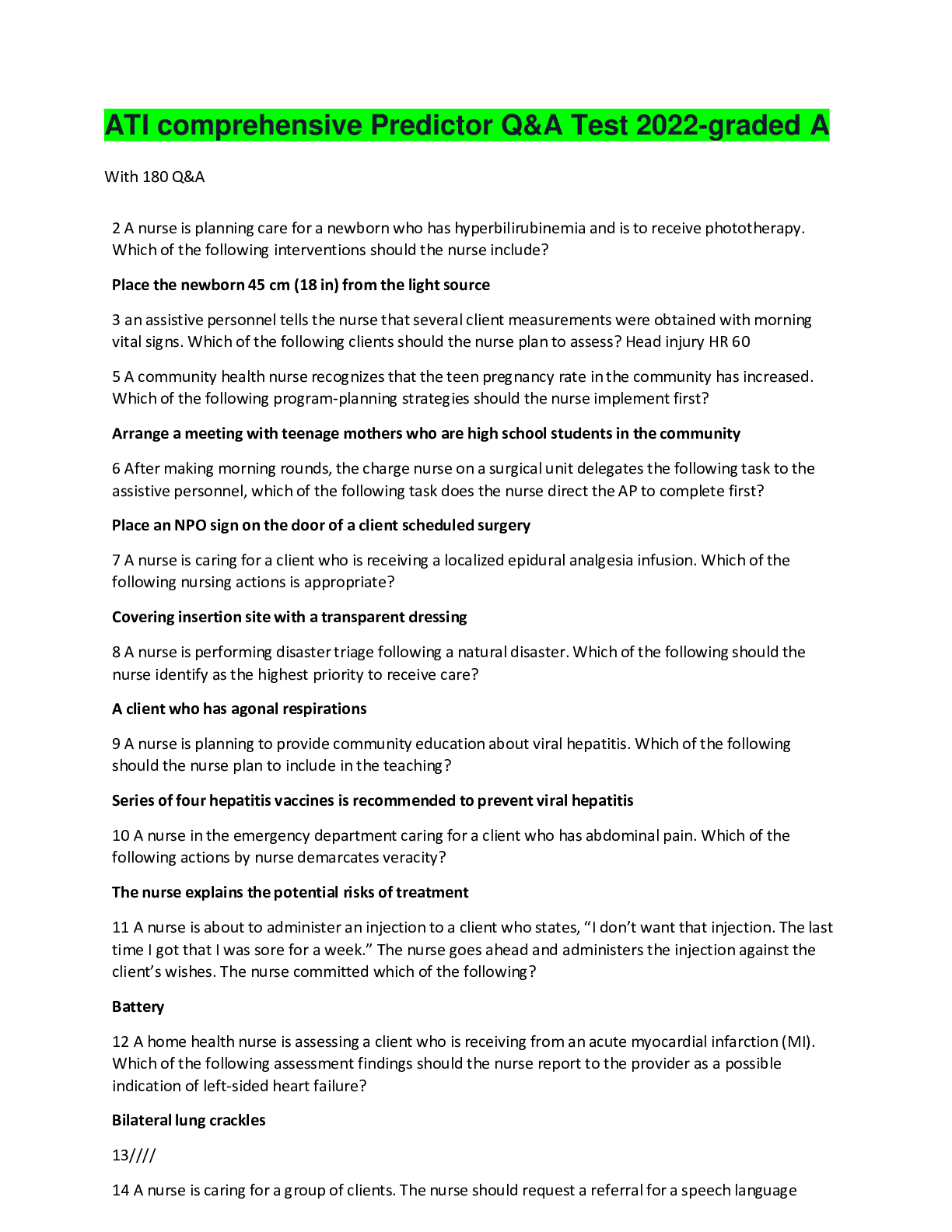 Preview image of ATI comprehensive Predictor Q&A Test 2022-graded A document